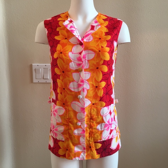 Vintage Pacific Isle Hawaiian Pink Top Homemade Small Aloha Top Orange Flowers - Picture 5 of 7